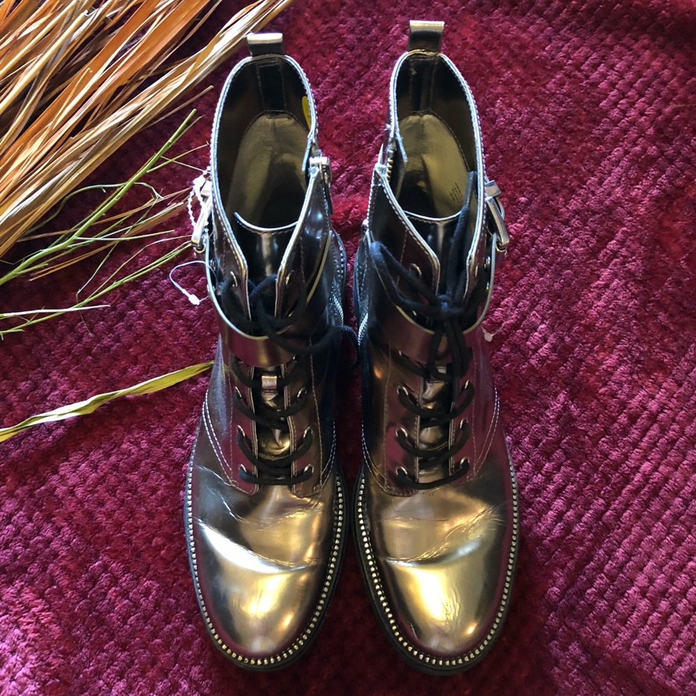 Michael Kors Vivia Metallic Nickel Lace Up Booties